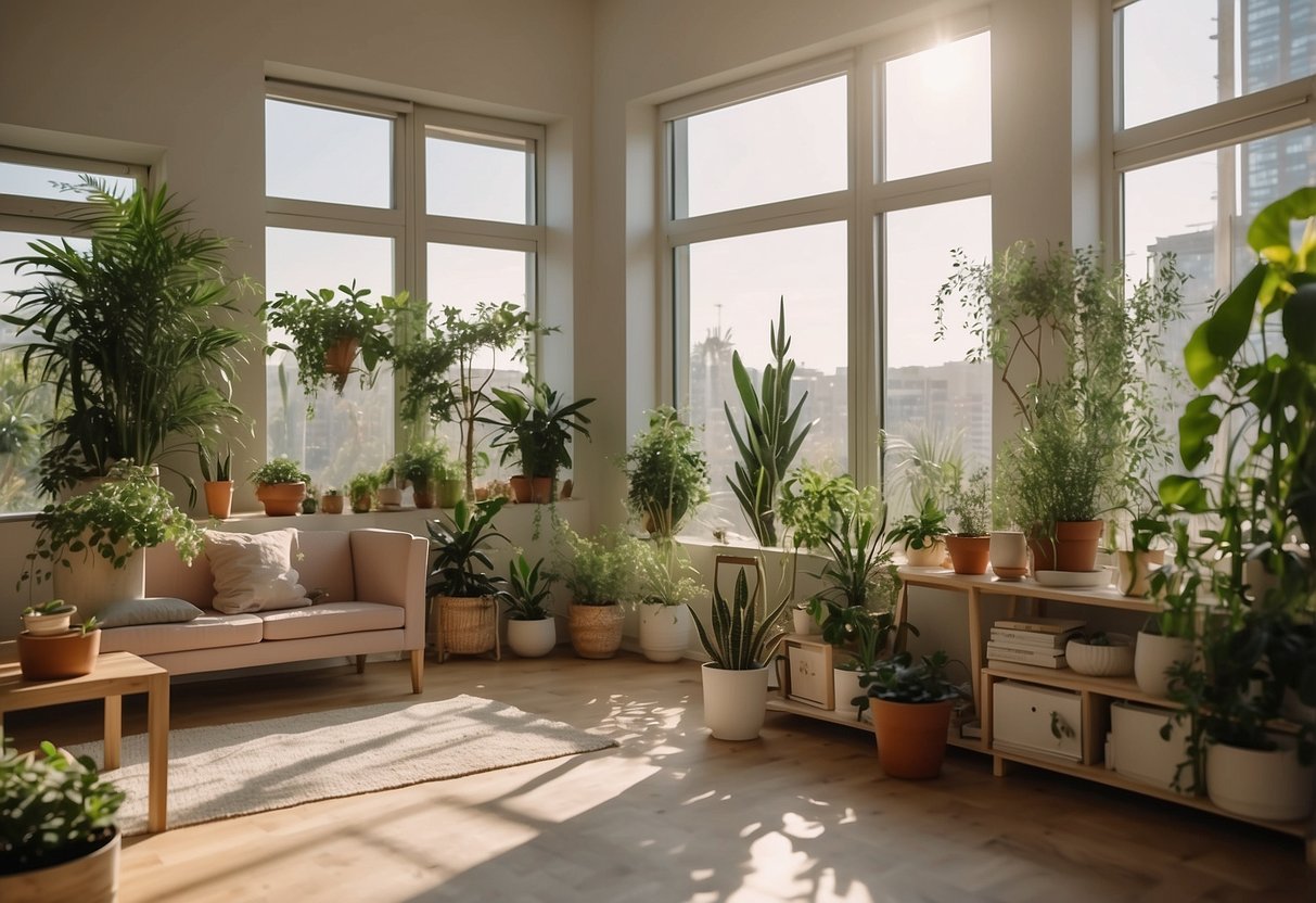 A bright, airy room with plants, natural light, and open windows. Clean and clutter-free space with eco-friendly materials and non-toxic products