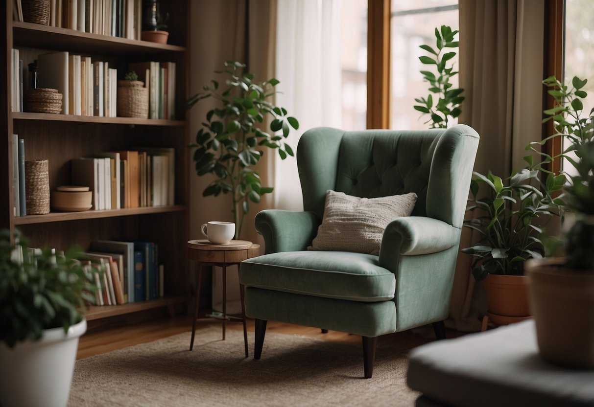 A warm, well-lit nook with a comfortable armchair, soft throw blanket, and a small bookshelf filled with books. A side table holds a warm cup of tea, and a potted plant adds a touch of greenery