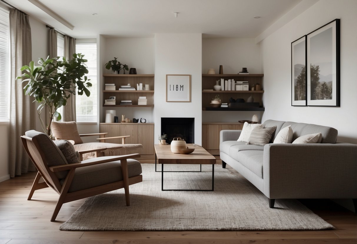 A tidy and organized living room with minimal furniture and decor. Clean lines and open spaces create a sense of calm and tranquility