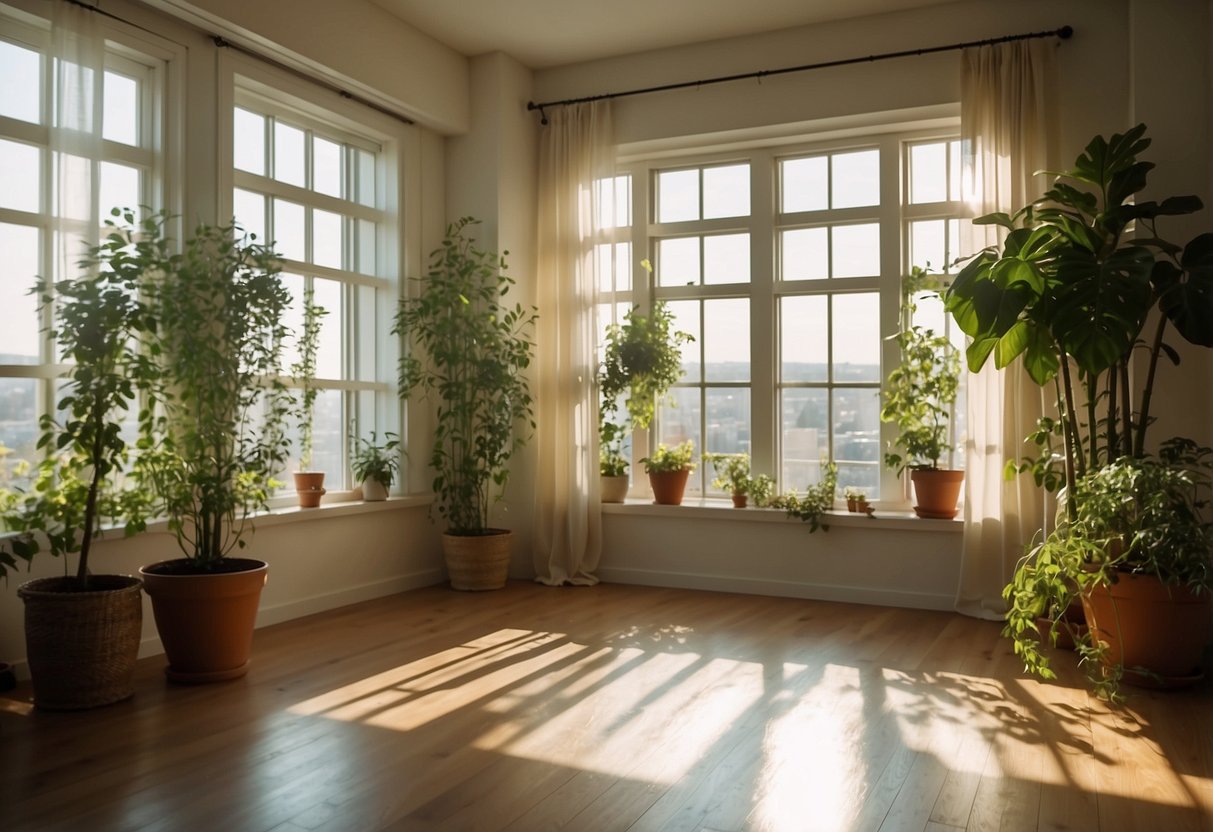 A bright, sunlit room with large windows and sheer curtains. Plants are scattered around, and the sunlight streams in, creating a warm and inviting atmosphere