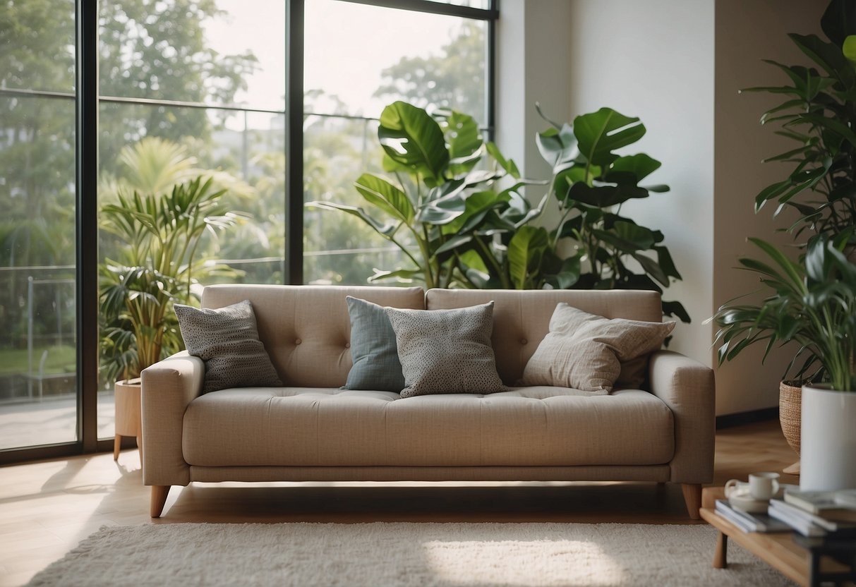 A modern living room with an air purifier placed in the corner, surrounded by indoor plants and natural light streaming in through the windows