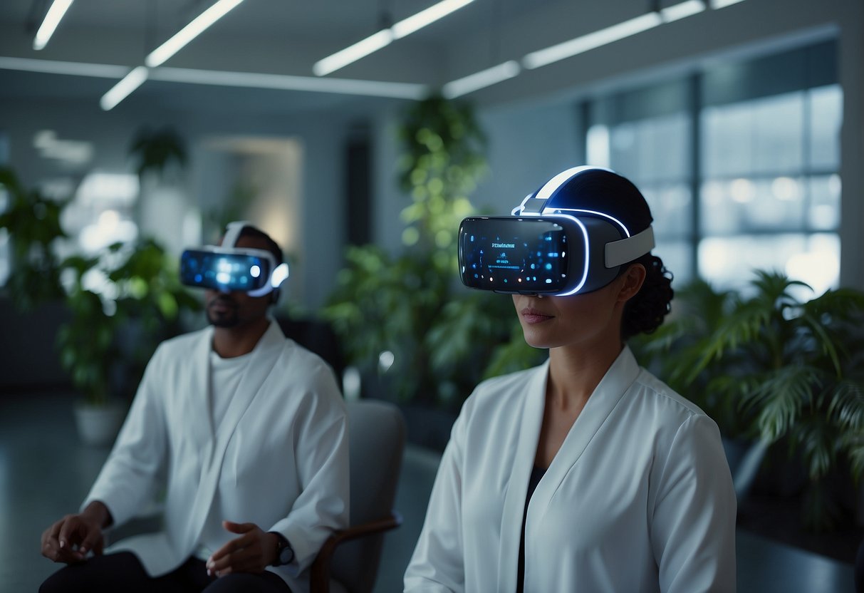 A serene, futuristic wellness center with holographic displays, biometric scanners, and lush greenery. A diverse group of people engage in virtual reality fitness and meditation sessions