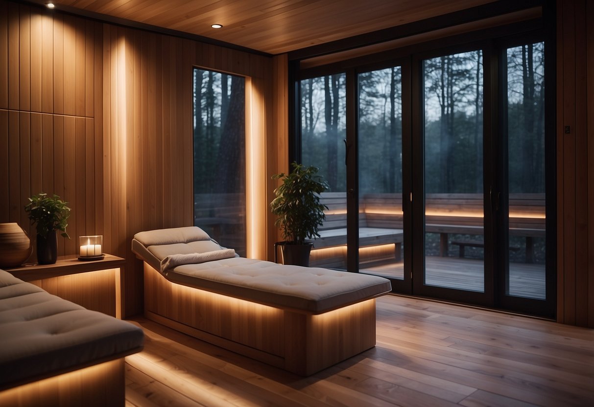 A serene, dimly lit room with a sleek, modern infrared sauna as the focal point. Soft, ambient lighting adds to the relaxing atmosphere, while steam gently rises from the sauna