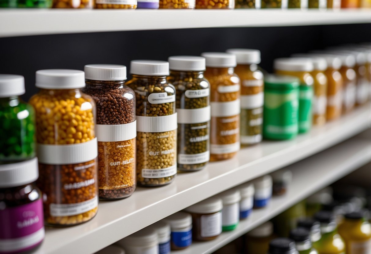 A colorful display of gut health supplements arranged on a sleek, modern shelf. Bright packaging and clear labels catch the eye, while a backdrop of vibrant green plants adds a natural, healthy vibe