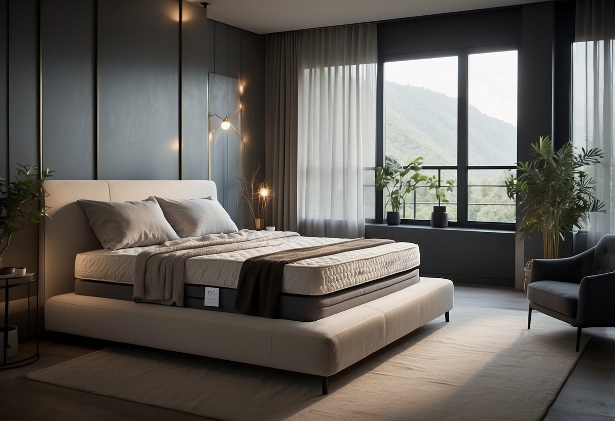 A serene bedroom with advanced sleep technology, such as smart mattresses and sleep tracking devices, creating a peaceful and optimized sleep environment