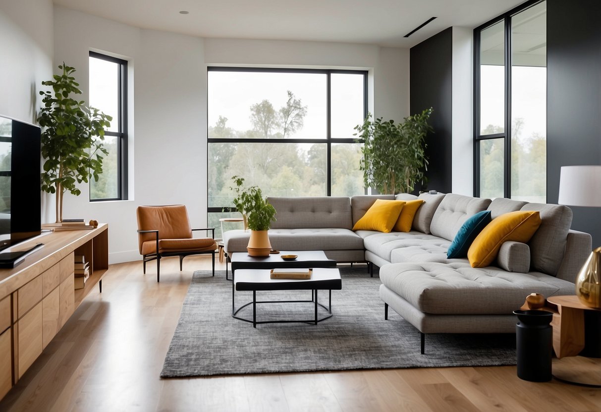 A sleek, minimalist living room with geometric furniture, natural materials, and pops of bold color. Clean lines and open space create a contemporary and inviting atmosphere