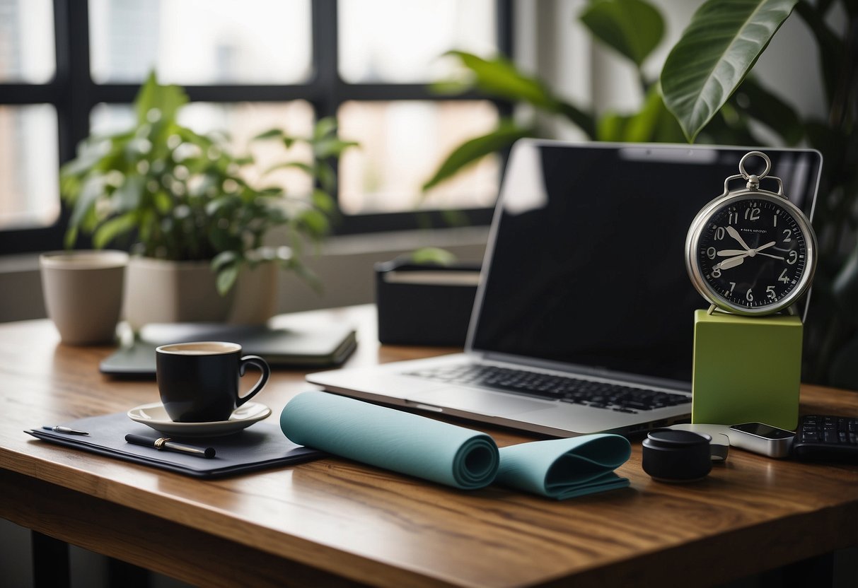 A desk with a laptop, notebook, and pen on one side, and a yoga mat, water bottle, and plant on the other. A clock shows 5pm