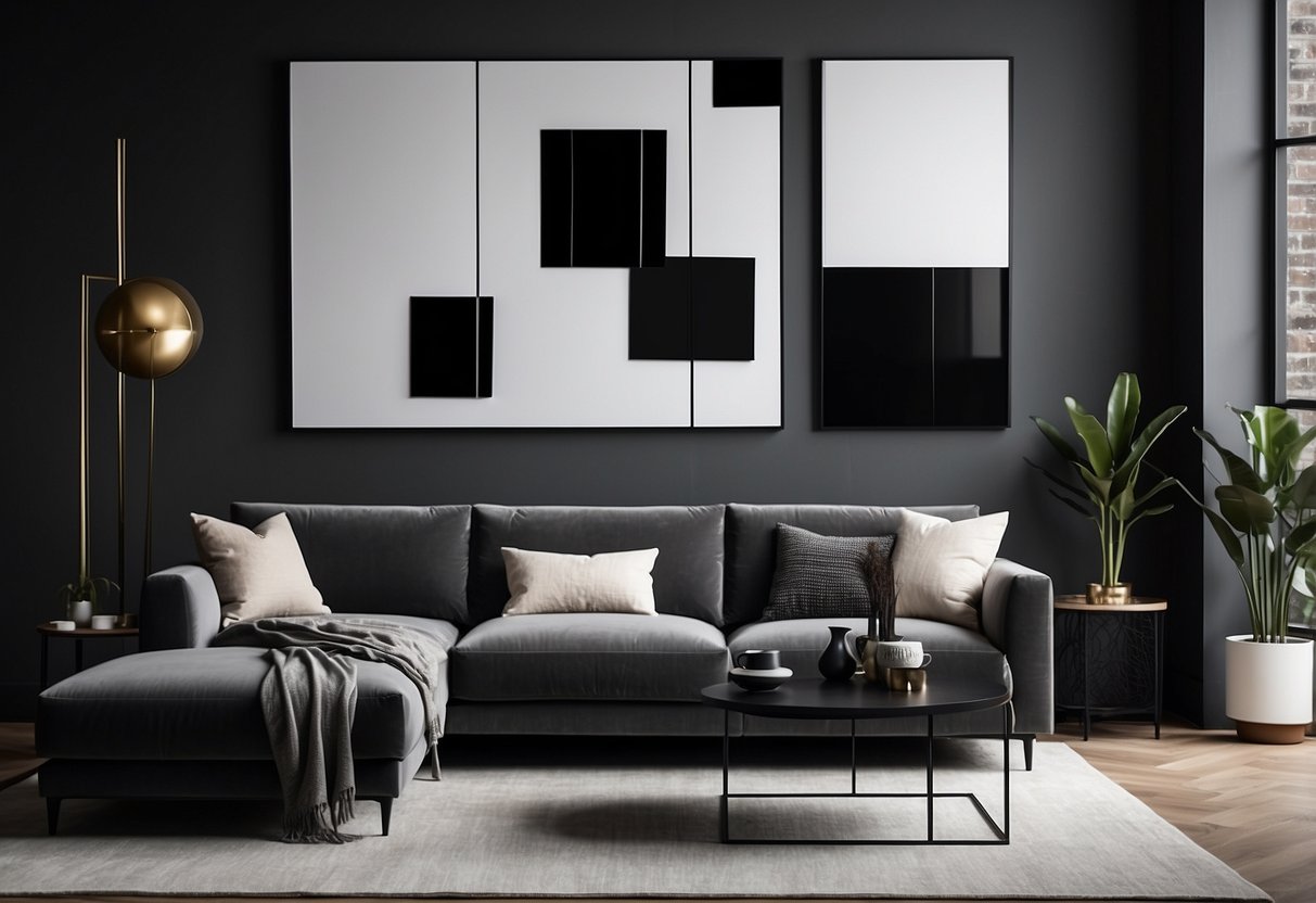 A sleek, monochromatic wall art piece hangs above a modern sofa in a minimalist living space. Clean lines and geometric shapes create a contemporary and sophisticated atmosphere