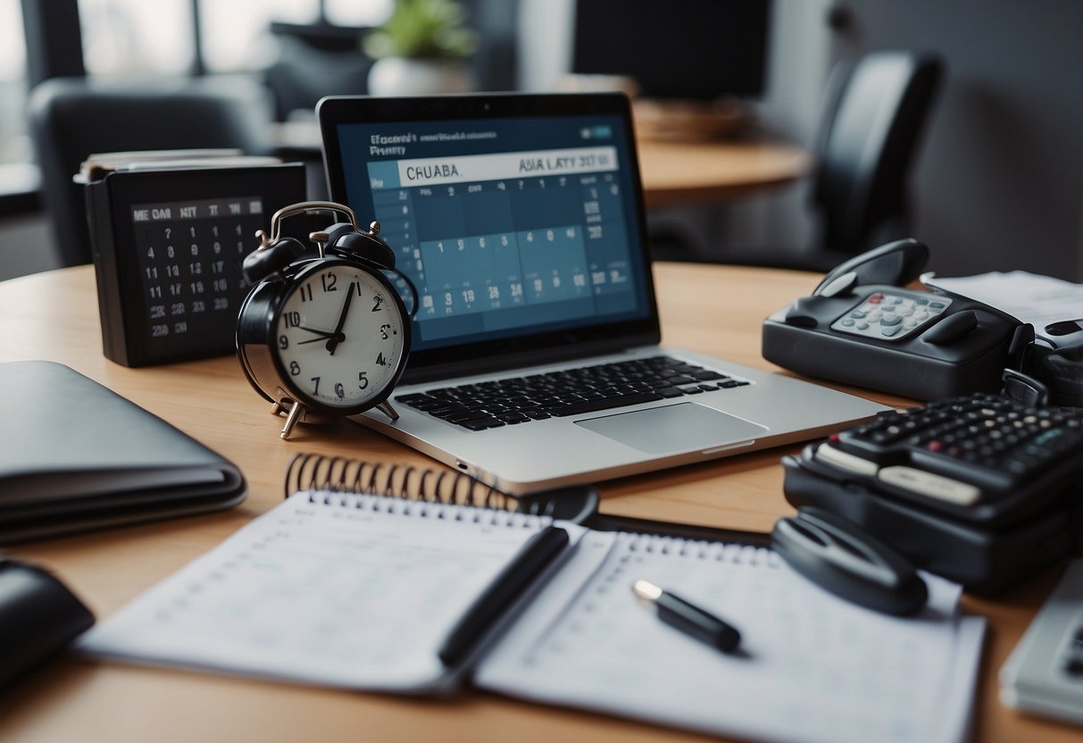 A cluttered desk with a calendar, clock, and to-do list. A laptop displays a work schedule, while a phone shows personal appointments. A balance of work and leisure items is evident