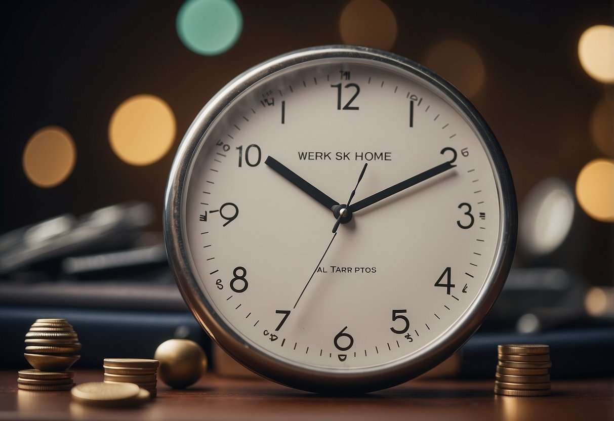 A person balancing work and life, juggling tasks while maintaining a calm and focused demeanor. A clock shows a balanced schedule with work and personal time