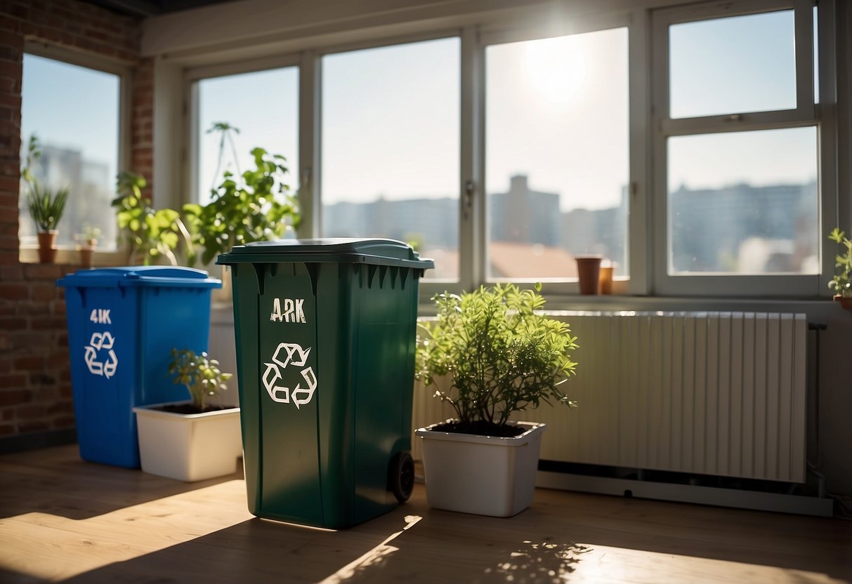 A sunlit room with recycling bins, LED light bulbs, and a compost bin. A bicycle leans against the wall, and a solar panel is visible through the window