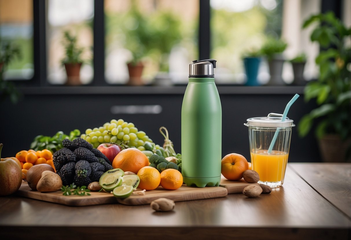 A table with fresh fruits, vegetables, and reusable containers. A compost bin and recycling bins nearby. A reusable water bottle and metal straws on the table