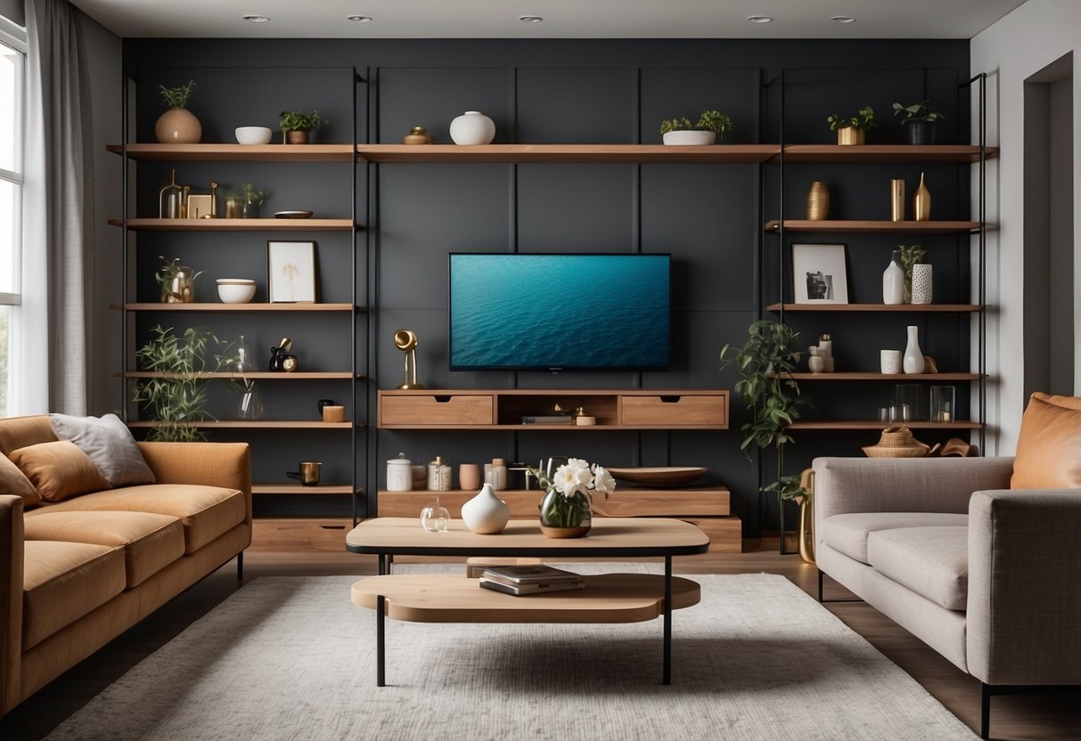 A modern living space with sleek modular shelving, clean lines, and minimalistic decor. The shelves are adorned with stylish home accessories, creating a contemporary and organized atmosphere