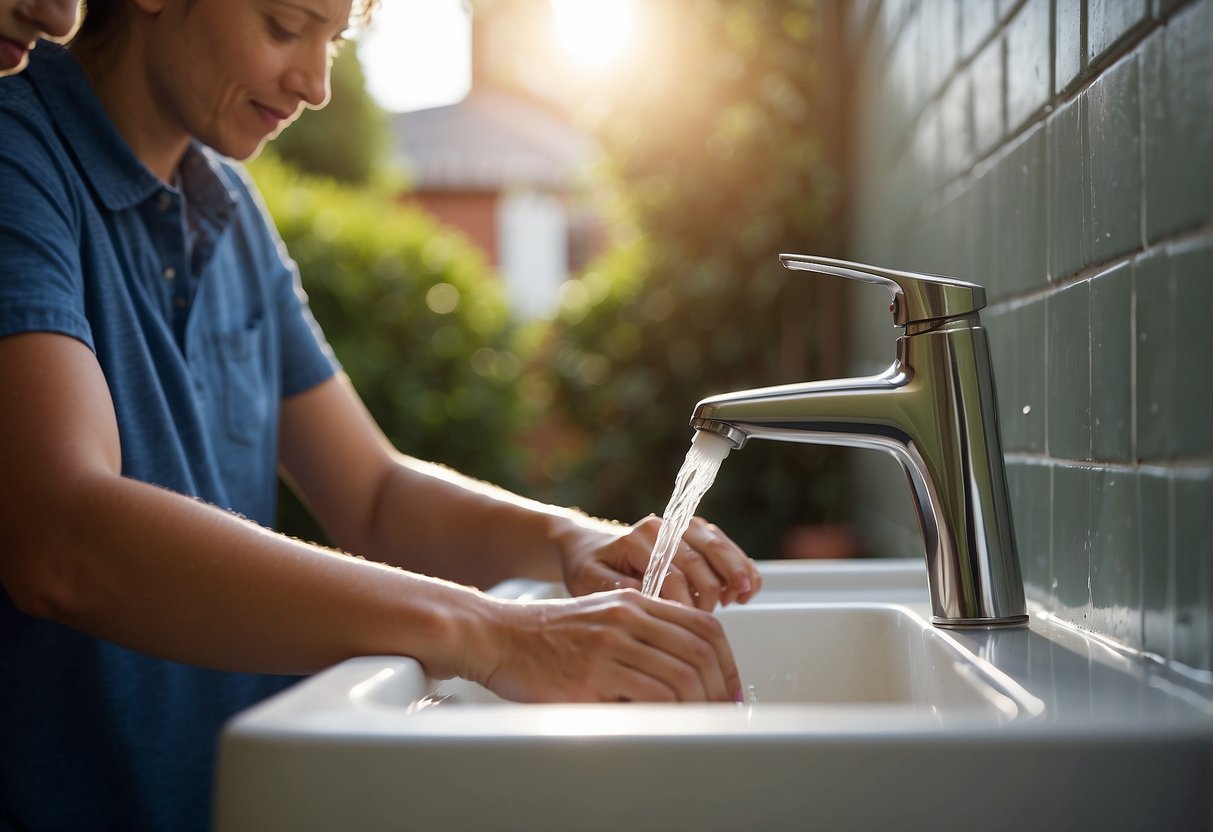 A person turning off the faucet while brushing teeth. A rain barrel collecting water from a downspout. A low-flow showerhead in use