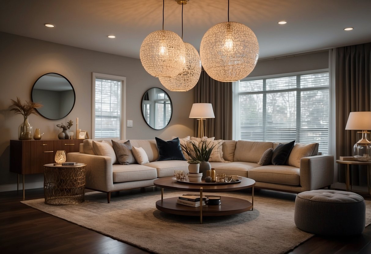 A modern living room with sleek statement light fixtures hanging from the ceiling, casting a warm and inviting glow over the contemporary decor