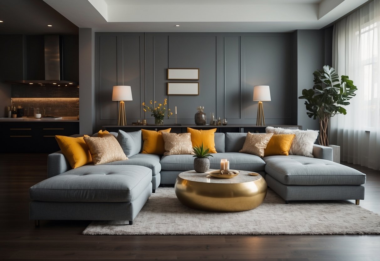 A modern living space with stylish throw pillows arranged on a sleek sofa, adding pops of color and texture to the room