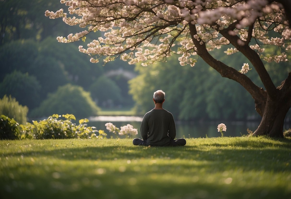 A serene garden with blooming flowers, a tranquil pond, and a person meditating under a shady tree