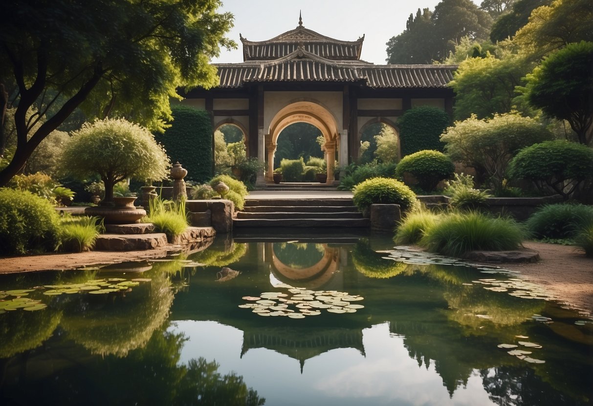 A serene garden with a tranquil pond, surrounded by ancient architecture and lush greenery, evoking a sense of peace and mindfulness in everyday life