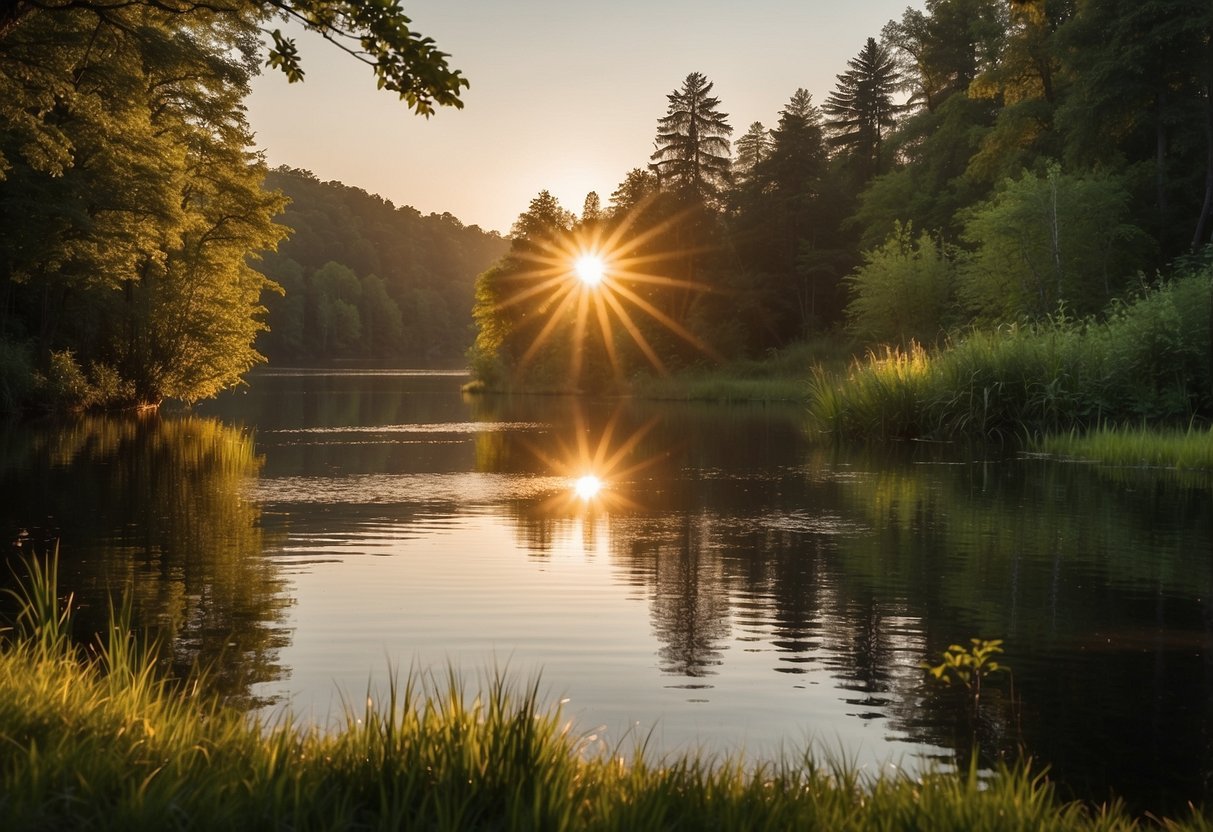 A serene landscape with a calm, still lake surrounded by lush greenery. The sun is setting, casting a warm, peaceful glow over the scene