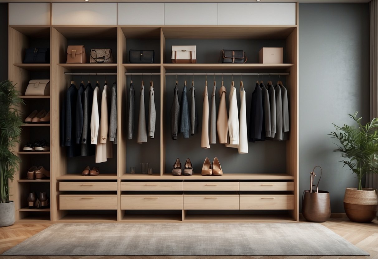 A sleek, organized closet with a limited color palette and timeless, high-quality pieces neatly arranged on wooden hangers. Accessories and shoes are neatly stored in minimalist containers