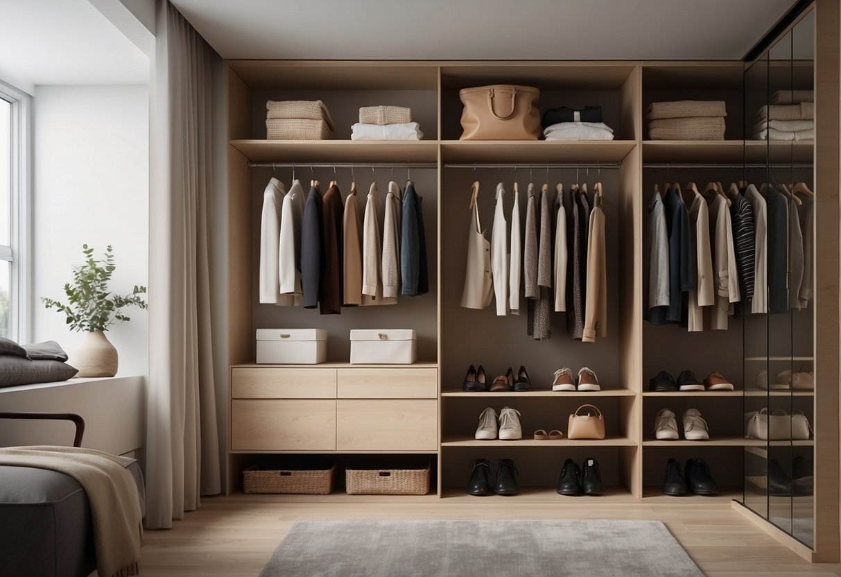 A sleek, organized closet with a limited color palette and versatile, high-quality pieces neatly arranged on hangers and shelves