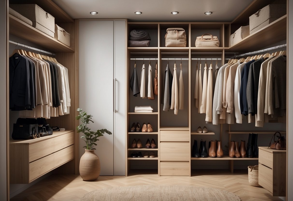 A simple, organized closet with a few high-quality, versatile clothing items neatly arranged on wooden hangers. A neutral color palette with clean lines and minimal accessories