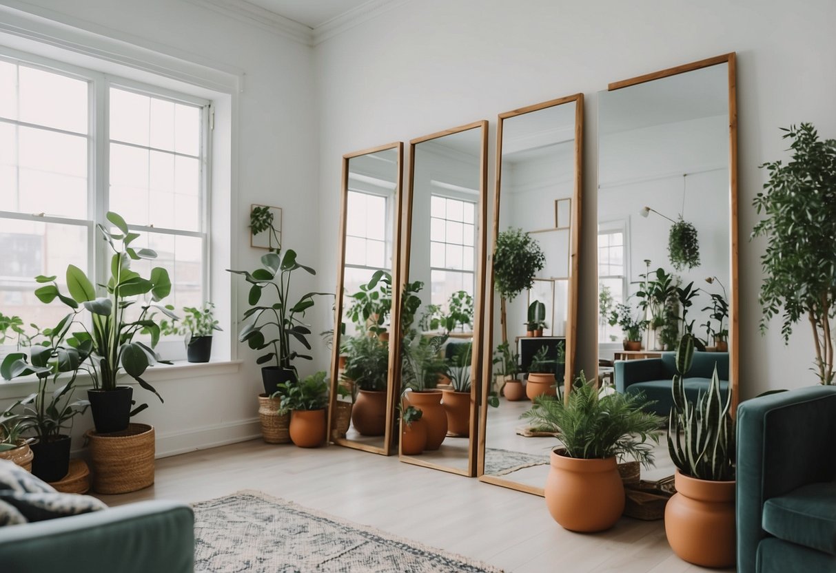 A bright, airy room with strategically placed mirrors to create the illusion of more space. DIY wall art and plants bring life to the space