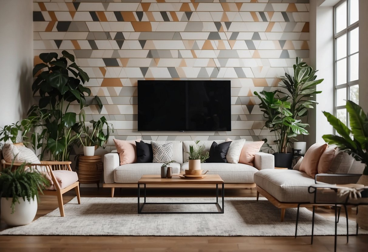 A well-lit living room with a statement wall adorned with geometric patterns, complemented by strategically placed plants and decorative accents