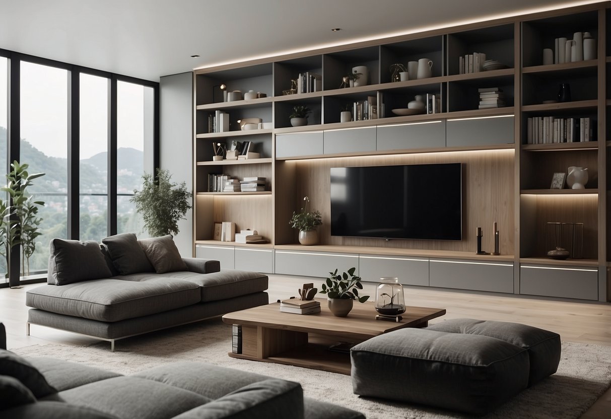 A modern living room with sleek built-in shelves and hidden storage compartments, adorned with stylish decor and organized with DIY interior design hacks