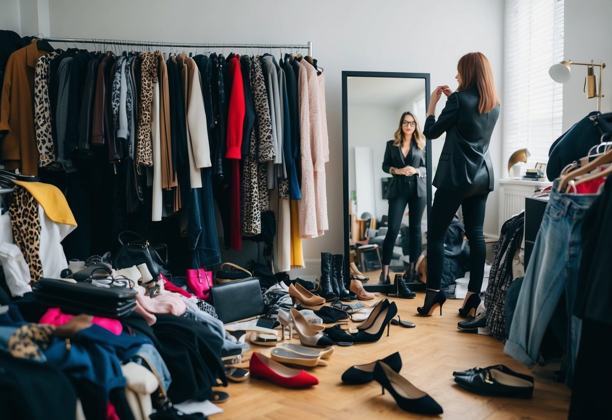 A cluttered room with scattered clothes, shoes, and accessories. A mix of high and low-end fashion items. A person trying on outfits in front of a mirror