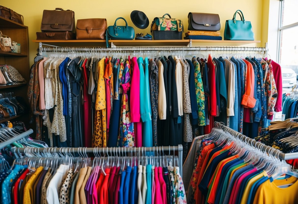 A colorful array of vintage clothing and accessories arranged on racks and shelves in a bustling thrift store