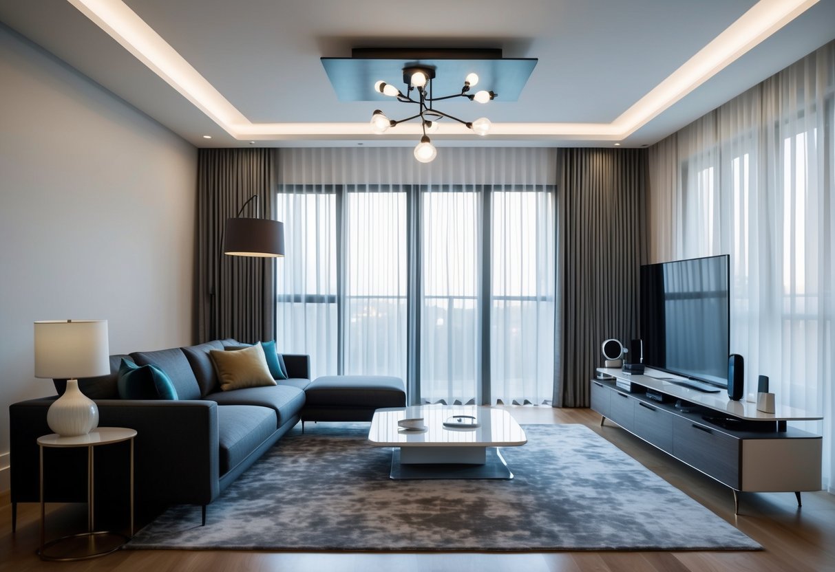 A sleek, modern living room with voice-controlled lights, automated blinds, and a central smart hub controlling various devices