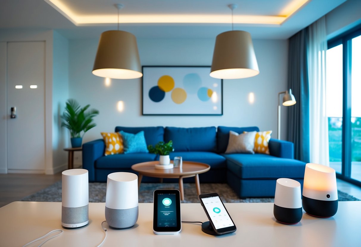 A modern living room with voice-activated smart home devices, automated lighting, and temperature control