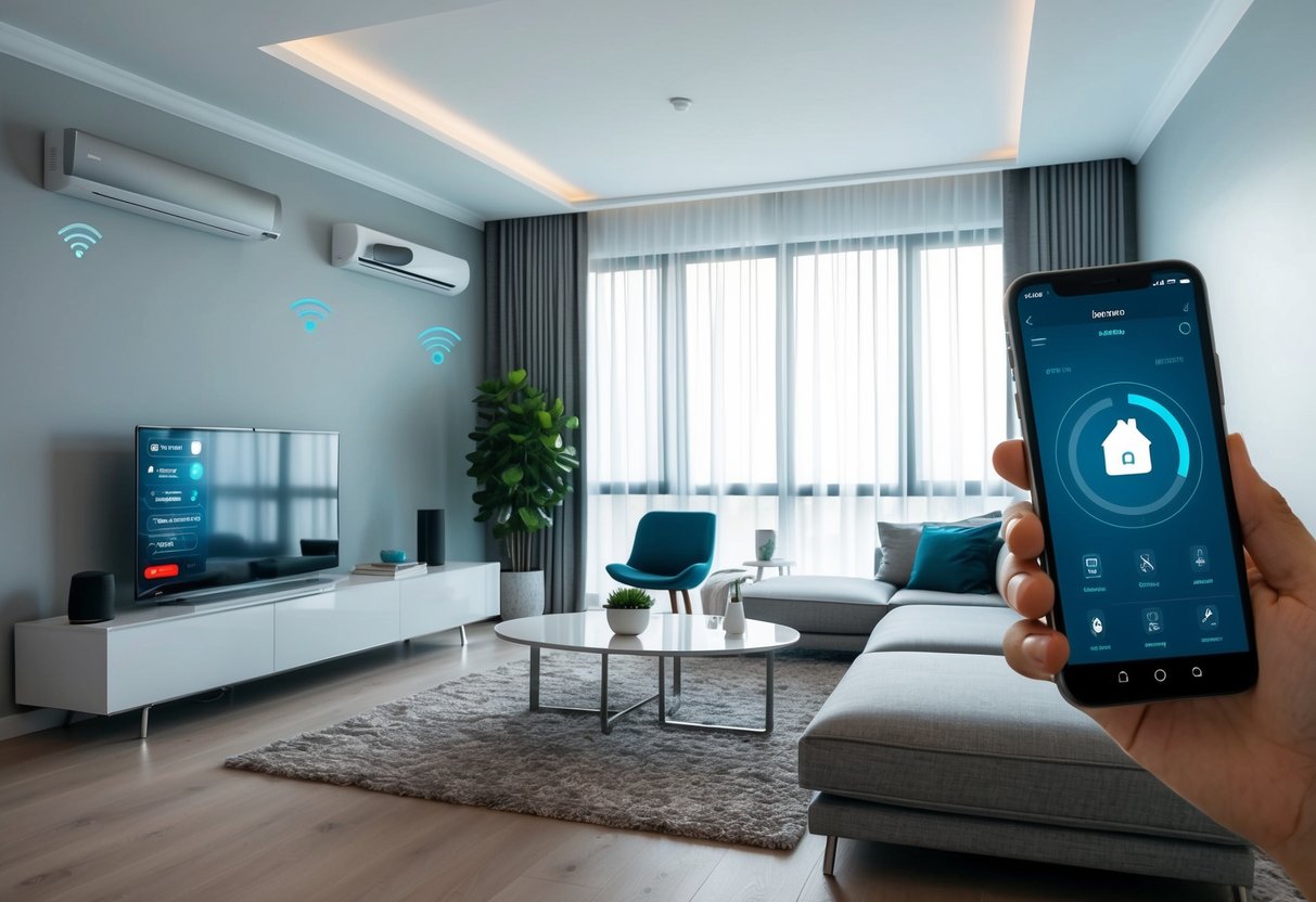 A modern living room with smart home devices controlling temperature, lighting, and security