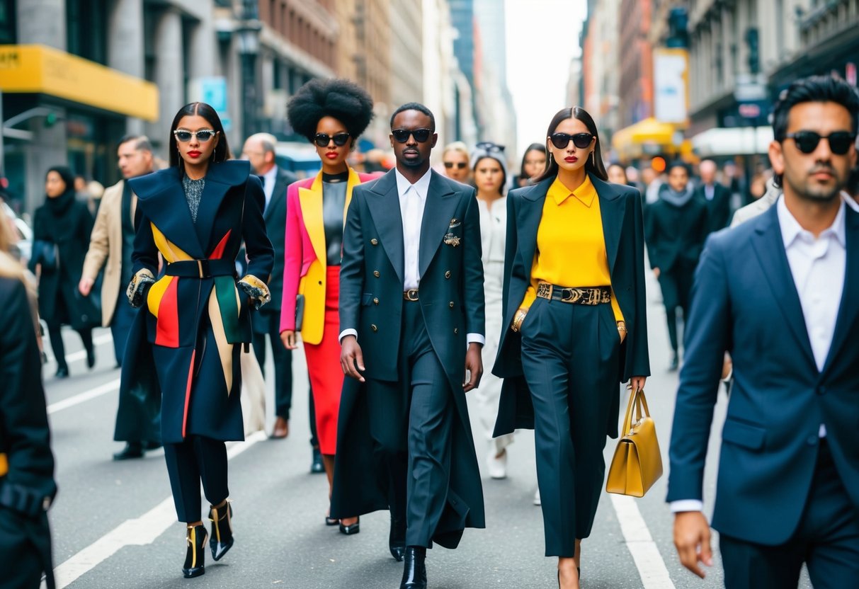 A bustling city street with stylishly dressed individuals, some in high fashion pieces, blending seamlessly with everyday attire. Bold colors, sleek silhouettes, and avant-garde accessories stand out