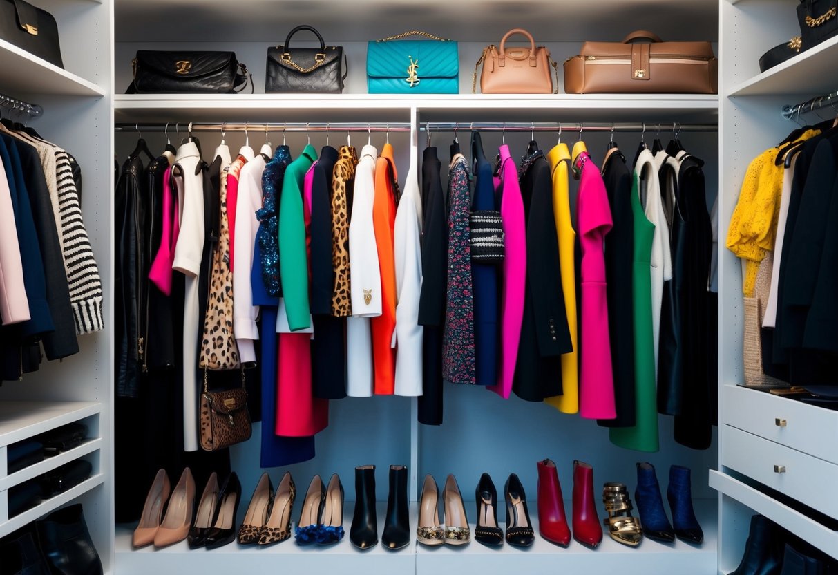 A closet filled with designer clothing and accessories arranged in a stylish and organized manner, with pieces from the runway incorporated into everyday wear