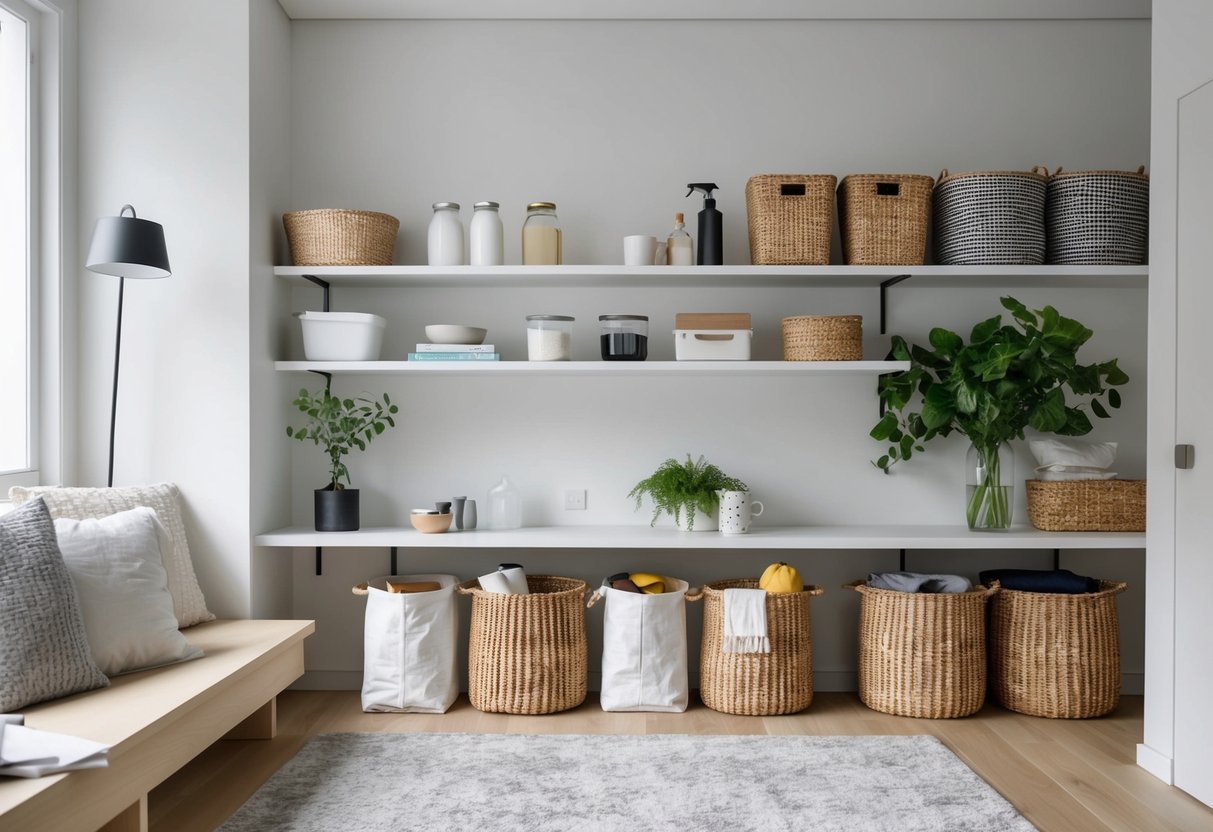 A tidy, organized modern homestead with sleek storage solutions for a clutter-free home. Shelves, baskets, and bins neatly hold household items, creating a stylish and functional space