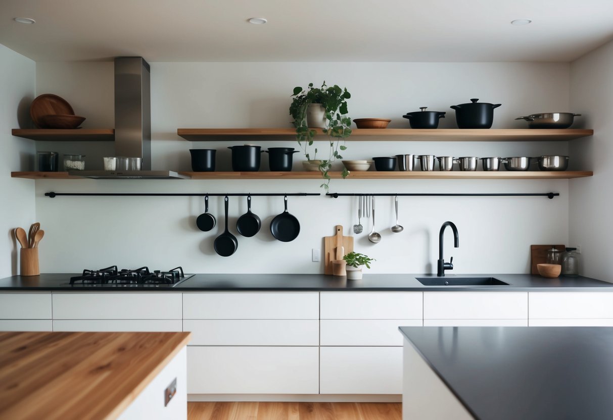 A sleek, minimalist kitchen with open shelving, hanging pots, and built-in storage for a clutter-free, modern homesteading lifestyle