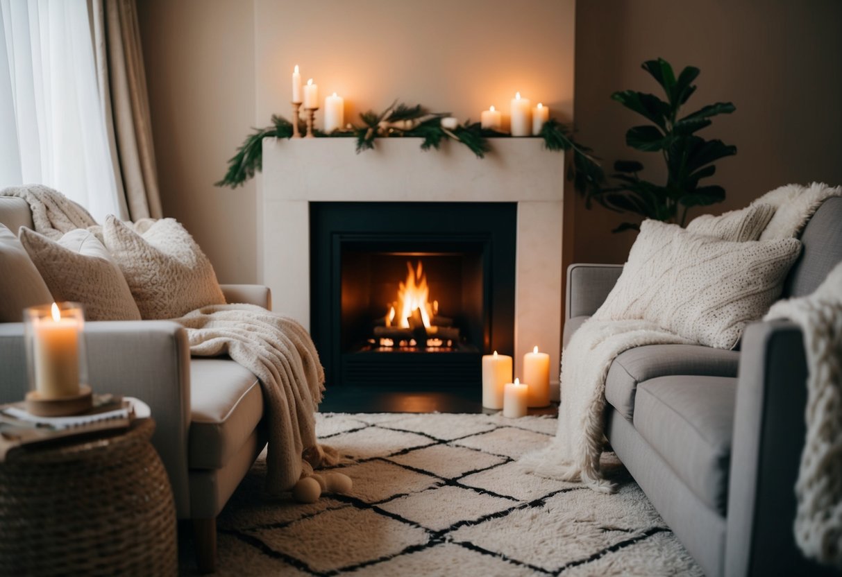 A warm, inviting living room with soft blankets, plush pillows, flickering candles, and a crackling fireplace. Subtle natural elements and warm, neutral colors create a cozy, hygge-inspired atmosphere