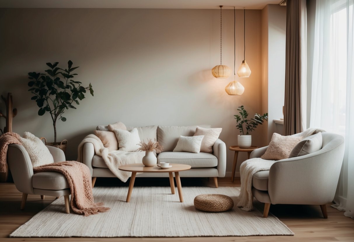 A cozy living room with soft, neutral-toned furniture, plush blankets, warm lighting, and natural elements like wood and plants creating a serene and inviting atmosphere