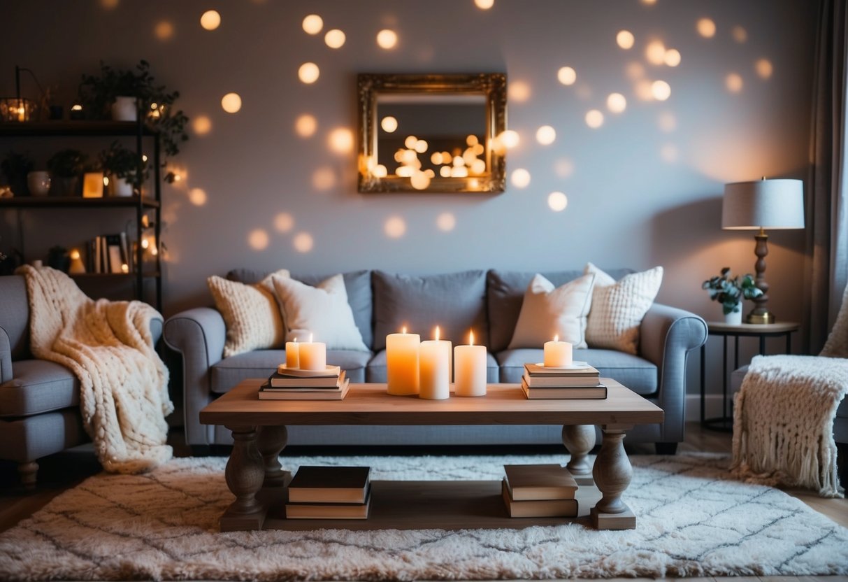 A cozy living room with a plush sofa, soft throw blankets, warm lighting, and a rustic coffee table adorned with candles and books