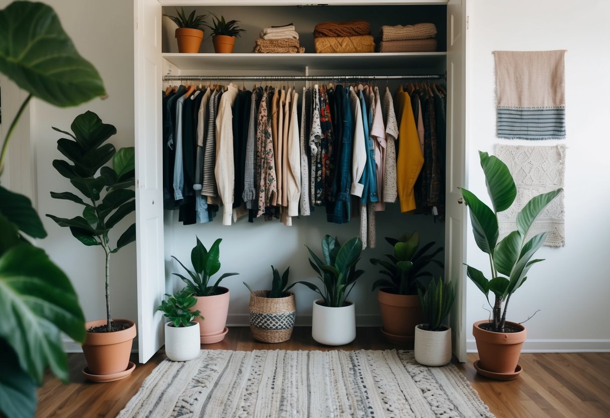 A closet filled with vintage and upcycled clothing, surrounded by potted plants and sustainable fabric swatches