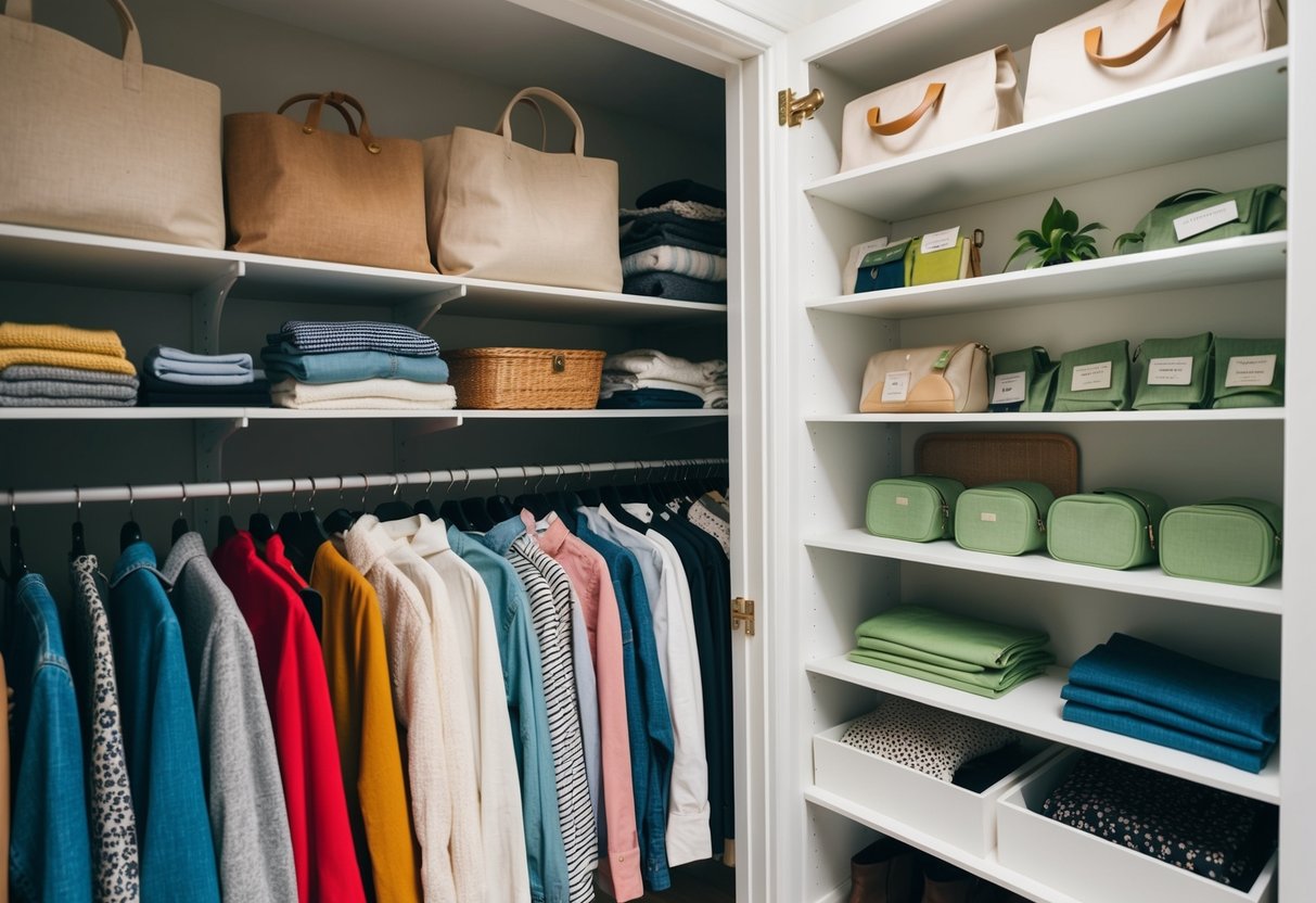 A closet filled with second-hand clothing, reusable fabric bags, and neatly organized shelves of eco-friendly accessories