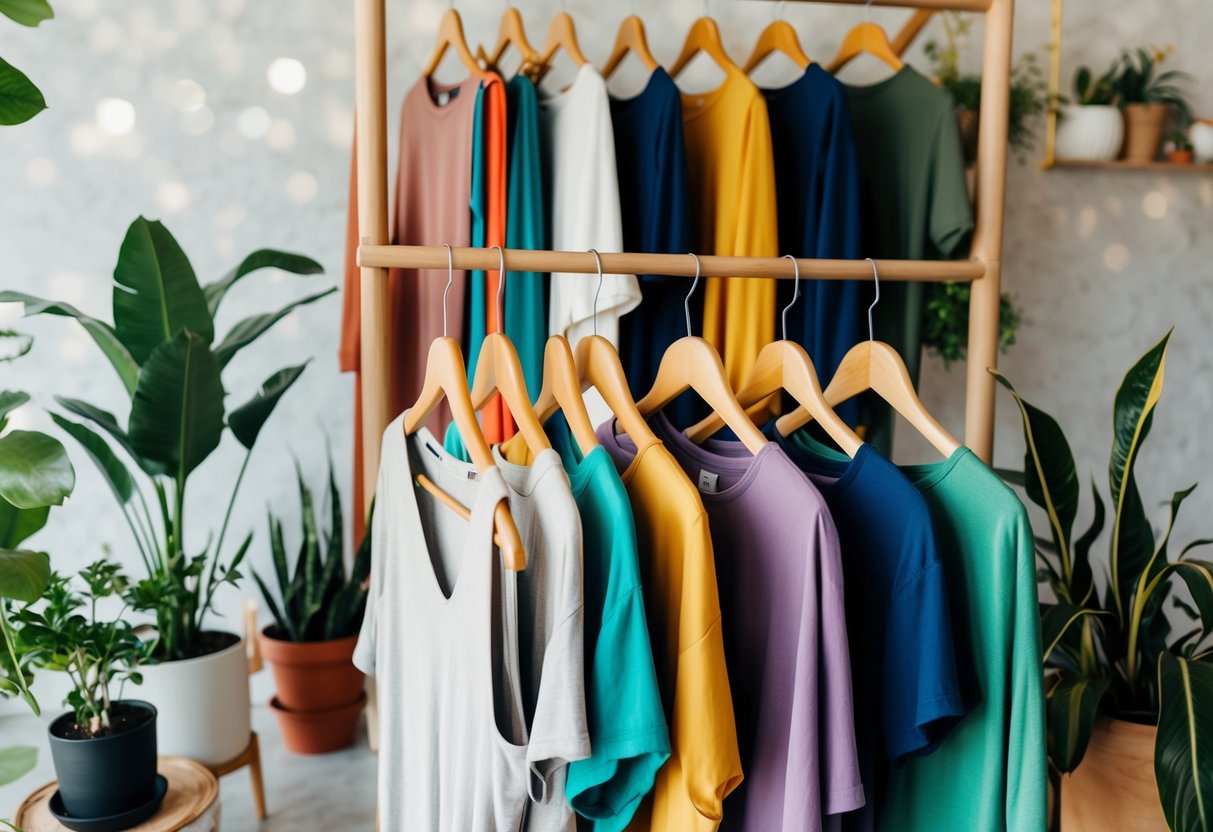 A colorful array of sustainable clothing items displayed on wooden hangers, surrounded by potted plants and eco-friendly accessories