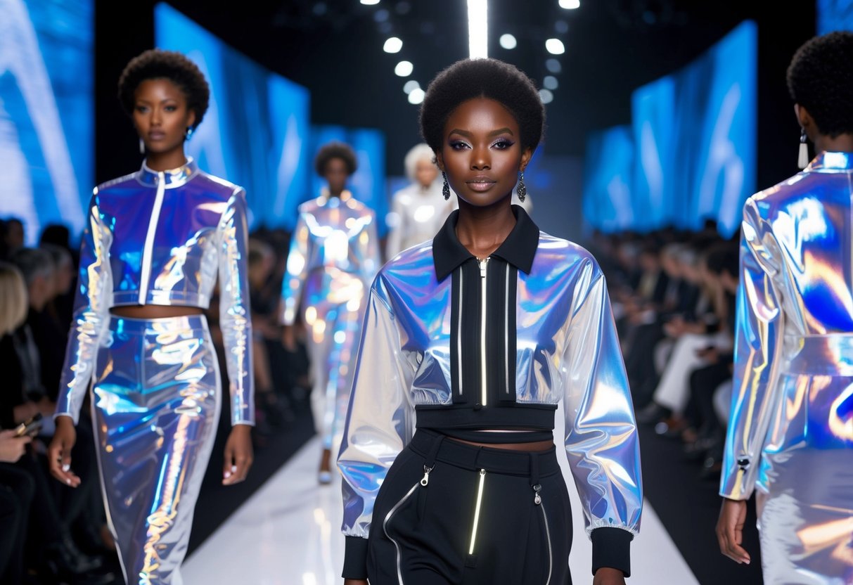 A runway with holographic fabrics and LED lights illuminating tech-infused clothing designs