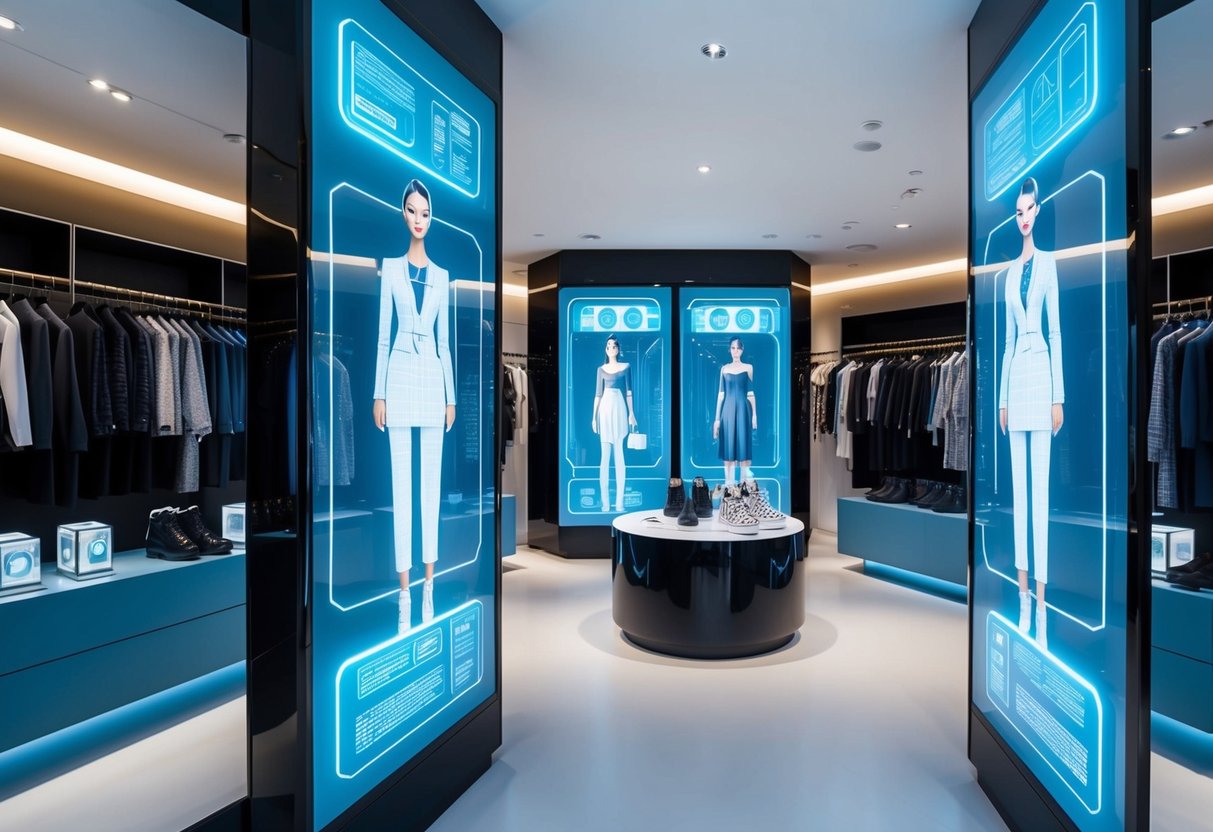 A futuristic clothing store with holographic displays showcasing tech-infused garments and AI-powered fashion designs