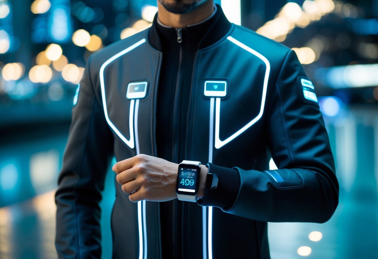 A sleek, futuristic jacket with embedded LED lights and integrated touch-screen panels, paired with smart glasses and a wristband displaying real-time data