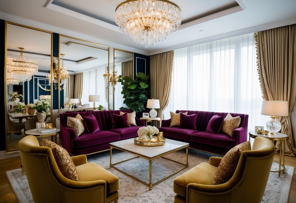 A chic living room with opulent decor: velvet throw pillows, gold accents, and a crystal chandelier, all arranged in a tasteful and elegant manner