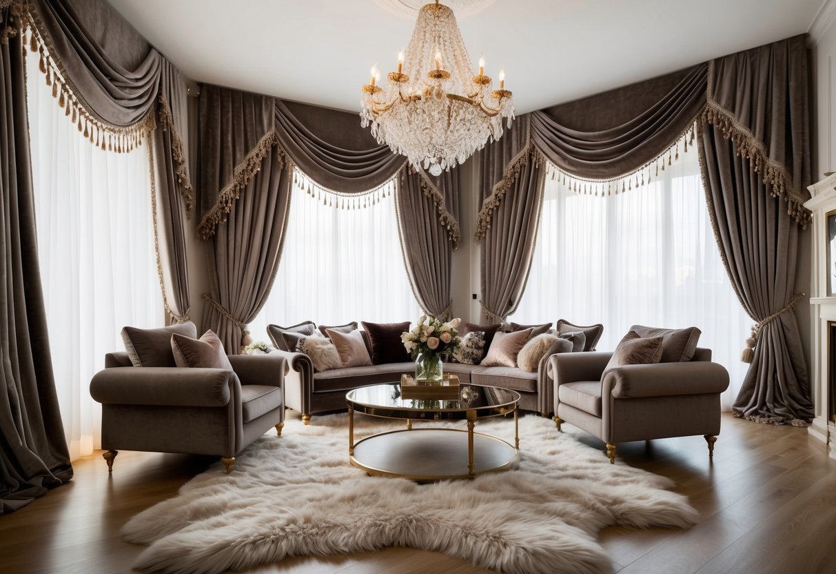 A cozy living room with opulent textiles and fabrics, including velvet and silk throw pillows, a plush faux fur rug, and elegant drapery cascading from the ceiling