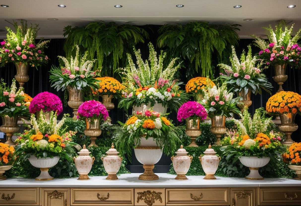 A lavish display of lush greenery and vibrant flowers arranged in elegant vases and ornate containers, creating a luxurious ambiance on a budget